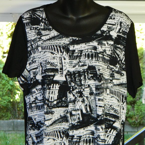 2 for/ $25 Red Coral Global Landmarks Graphic Asymmetrical Blouse Size-XL - Picture 4 of 14